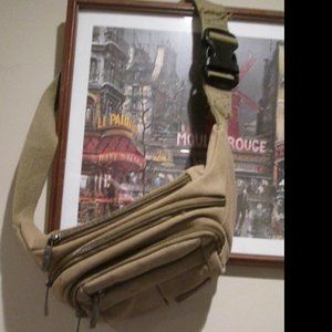 Khaki Canvas 4 zipper pocket Belted Fanny Pack Sling Bag Festival & Everyday